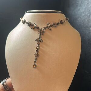 Vintage autumn lariat stone necklace black tone metal